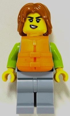 Minifig Lego City cty1961 Woman - Light Bluish Gray and Lime Wetsuit, Light Bluish Gray Legs, Dark Orange Hair, Orange Life Jacket