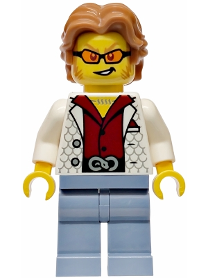 Minifig Lego City cty1986 Police - City Bandit Crook Male, White Vest, Medium Nougat Wavy Hair, Sideburns, Orange Glasses