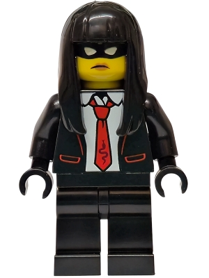 Minifig Lego City cty1987 Police - City Bandit Crook Female, Black Tuxedo with Red Tie, Black Legs, Black Long Hair