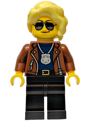 Minifig Lego City cty1988 Police - City Detective Female, Reddish Brown Jacket, Black Legs, Bright Light Yellow Hair