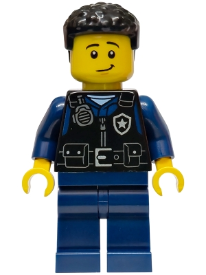 Minifig Lego City cty1989 Police - City Officer Male, Black Safety Vest with Silver Star Badge Logo, Dark Blue Legs, Black Coiled Hair