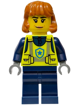 Minifig Lego City cty1990 Police - City Officer Female, Neon Yellow Safety Vest, Dark Blue Legs, Dark Orange Mid Length Hair, Closed Mouth Smile