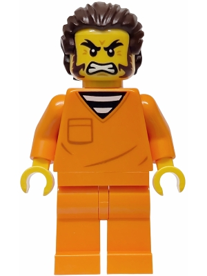 Minifig Lego City cty1991 Police - City Jail Prisoner Male, Orange Prison Jumpsuit, Dark Brown Hair and Sideburns