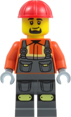Minifig LEGO City cty2009 Construction Worker - Male, Dark Bluish Gray Overalls over Reddish Orange Safety Jacket with Reflective Stripes, Dark Bluish Gray
