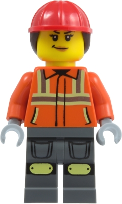 Minifig LEGO City cty2010 Construction Worker - Female, Reddish Orange Safety Jacket with Reflective Stripes, Dark Bluish Gray Legs with Knee Pads, Red Con