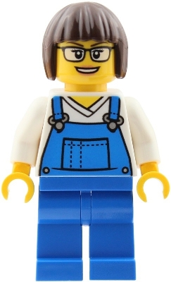 Minifig LEGO City cty2039 Truck Driver - Female, Blue Overalls over V-Neck Shirt, Blue Legs, Dark Brown Bob Cut Hair, Glasses