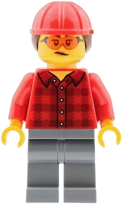 Minifig LEGO City cty2040 Mobile Crane Operator - Female, Red Plaid Flannel Shirt, Dark Bluish Gray Legs, Red Construction Helmet with Dark Brown Ponytail