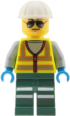 Minifig LEGO City cty2041 Train Worker - Male, Neon Yellow Safety Vest with Reflective Stripes, Dark Green Legs with Reflective Stripes, White Construction