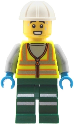 Minifig LEGO City cty2042 Train Worker - Male, Neon Yellow Safety Vest with Reflective Stripes, Dark Green Legs with Reflective Stripes, White Construction