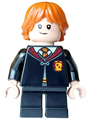 Minifig LEGO Harry Potter hp628 Ron Weasley - Gryffindor Robe Clasped, Sweater, Shirt and Tie, Black Short Legs, Lopsided Grin / Scared Open Mouth, Cheek Lines